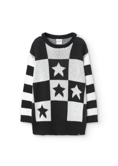 Boboli παιδικό πλεκτό φόρεμα για κορίτσι με σχέδιο αστέρια δίχρωμο μαύρο-λευκό 