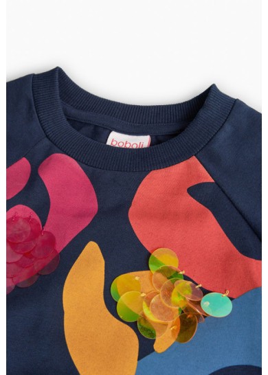 Boboli παιδικό φόρεμα για κορίτσι με πολύχρωμα σχέδια και πούλιες σε σκούρο μπλε χρώμα 