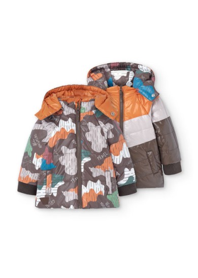Boboli παιδικό μπουφάν διπλής όψεως για αγόρι με πολύχρωμα σχέδια σε καφέ-πορτοκαλί χρώμα  Boboli παιδικό μπουφάν διπλής όψεως για αγόρι με πολύχρωμα σχέδια σε καφέ-πορτοκαλί χρώμα