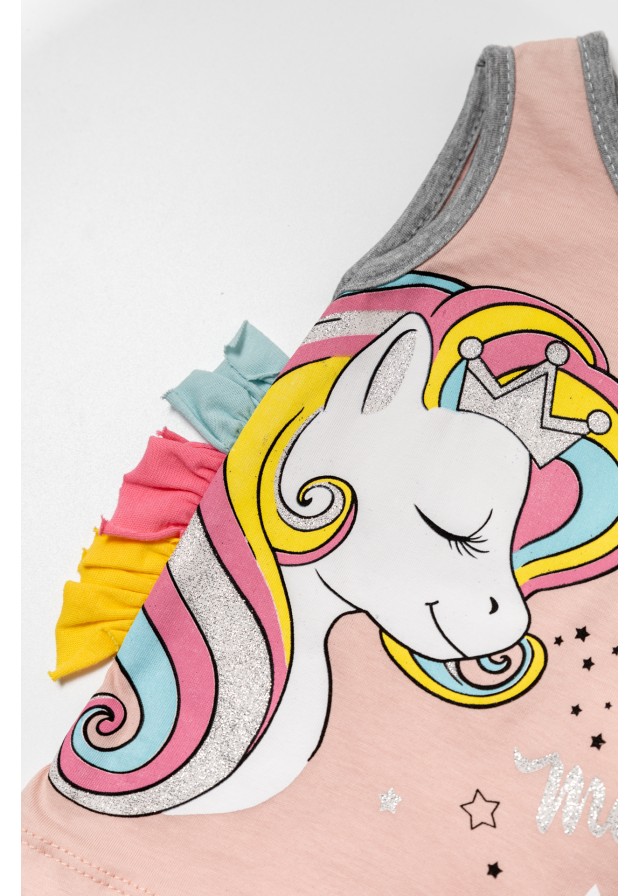 Βρεφικό βαμβακερό σέτ με αμάνικο μπλουζάκι unicorn σε ρόζ χρώμα & γκρί σορτσάκι