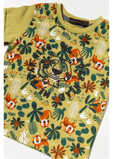 Βρεφικό βαμβακερό σετ με κοντομάνικο μπλουζάκι jungle σε πράσινο χρώμα και γκρί βερμούδα