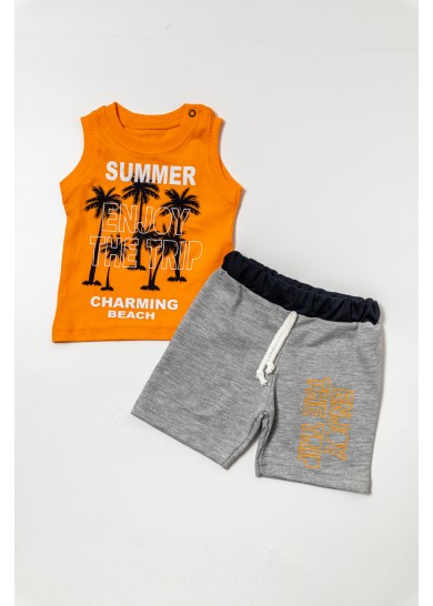 Βρεφικό βαμβακερό σέτ με αμάνικο μπλουζάκι summer enjoy σε πορτοκαλί χρώμα και γκρί βερμούδα