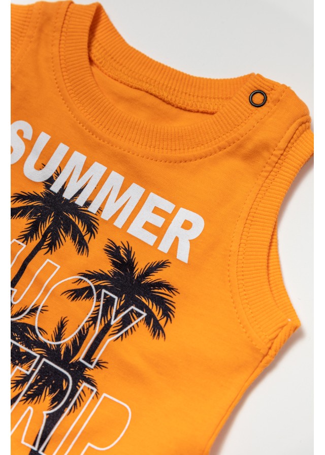 Βρεφικό βαμβακερό σέτ με αμάνικο μπλουζάκι summer enjoy σε πορτοκαλί χρώμα και γκρί βερμούδα