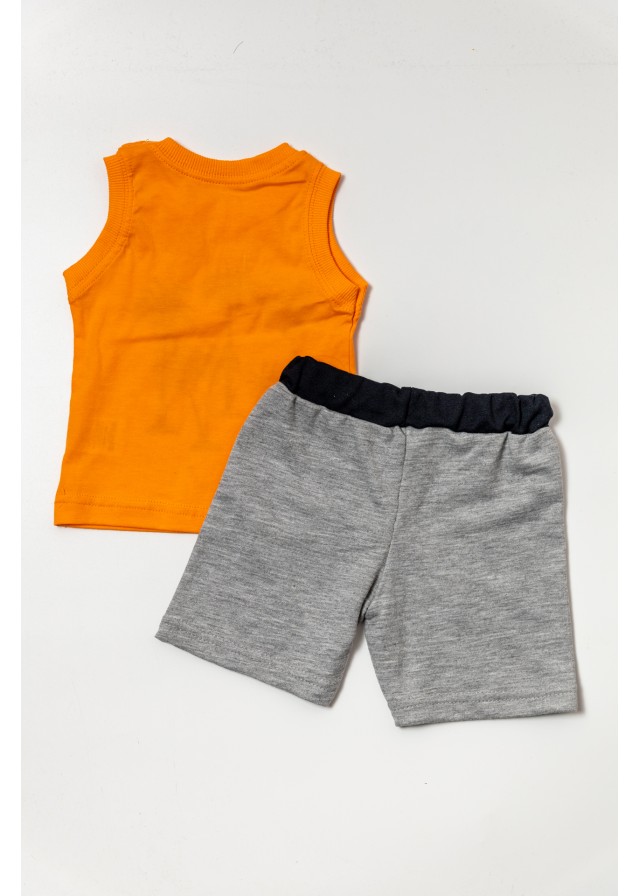 Βρεφικό βαμβακερό σέτ με αμάνικο μπλουζάκι summer enjoy σε πορτοκαλί χρώμα και γκρί βερμούδα