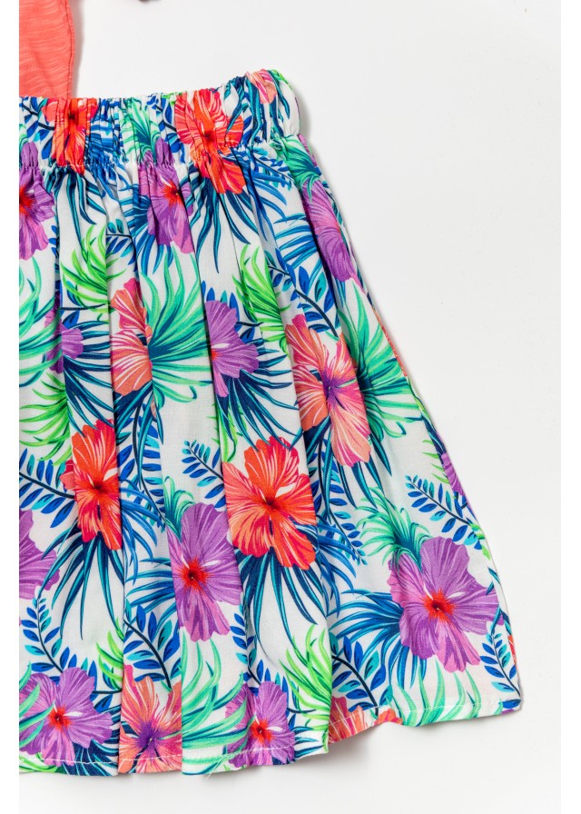 Παιδικό σετ με κοντομάνικο μπλουζάκι με δέσιμο σε ρόζ χρώμα και floral φούστα