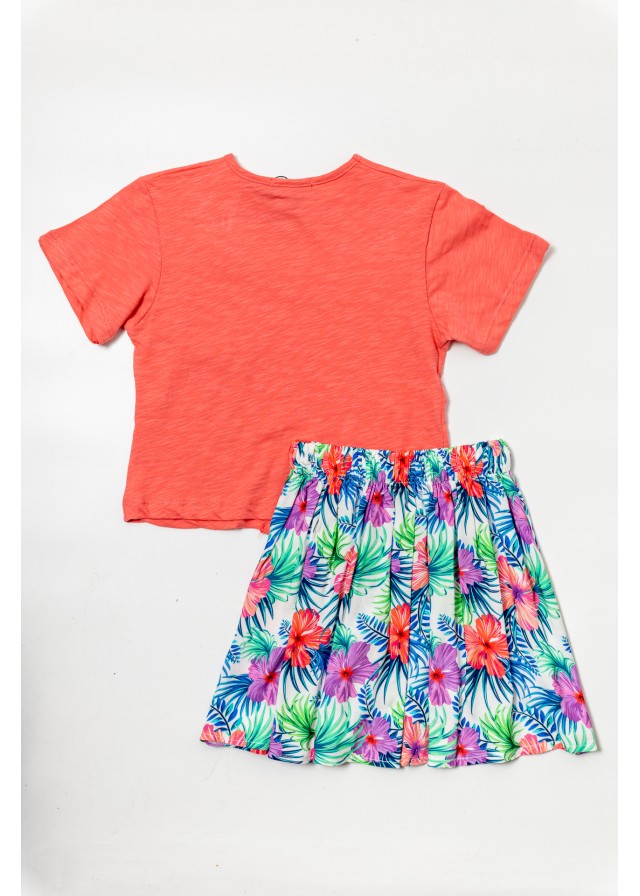 Παιδικό σετ με κοντομάνικο μπλουζάκι με δέσιμο σε ρόζ χρώμα και floral φούστα