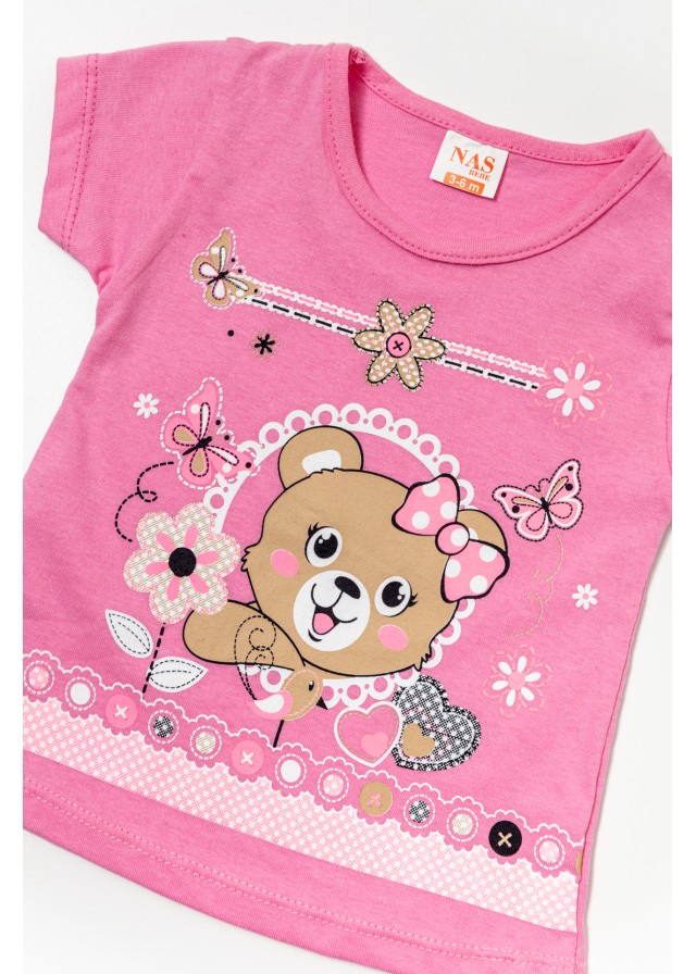 Βρεφικό σετ με κοντομάνικο μπλουζάκι με αρκουδάκι σε ρόζ χρώμα & μπλέ capri κολάν