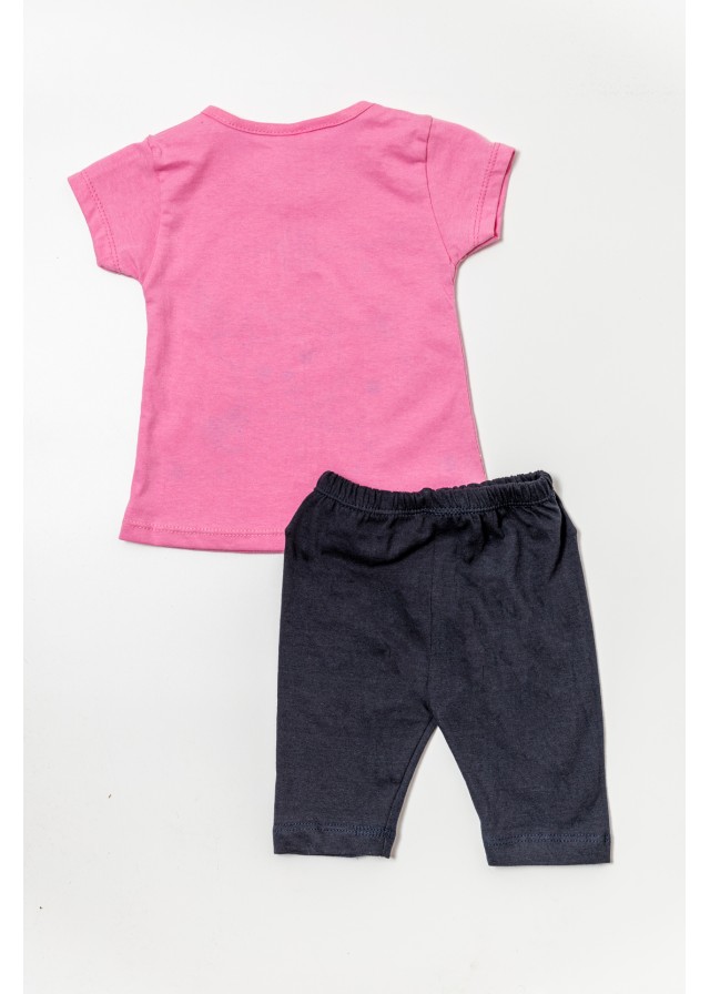 Βρεφικό σετ με κοντομάνικο μπλουζάκι με αρκουδάκι σε ρόζ χρώμα & μπλέ capri κολάν