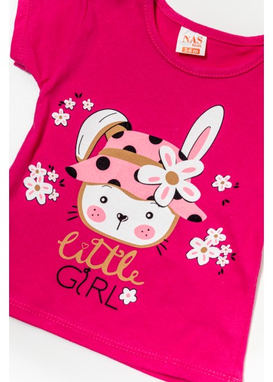 Βρεφικό σετ με κοντομάνικο μπλουζάκι με κουνελάκι σε φούξ χρώμα & μπλέ κάπρι κολάν