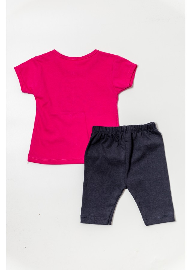 Βρεφικό σετ με κοντομάνικο μπλουζάκι με κουνελάκι σε φούξ χρώμα & μπλέ κάπρι κολάν