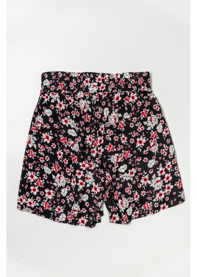 Παιδικό υφασμάτινο ψηλόμεσο σορτσάκι με λευκά λουλούδια σε μαύρο χρώμα