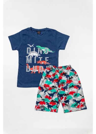 Παιδική βαμβακερή κοντομάνικη πιτζάμα dinosaurs με βερμούδα σε μπλέ χρώμα 