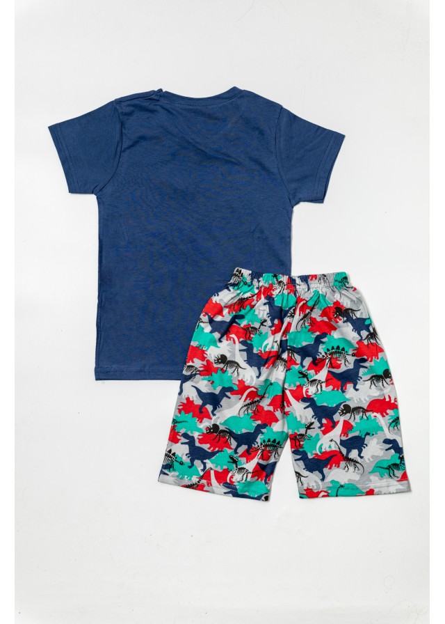 Παιδική βαμβακερή κοντομάνικη πιτζάμα dinosaurs με βερμούδα σε μπλέ χρώμα 