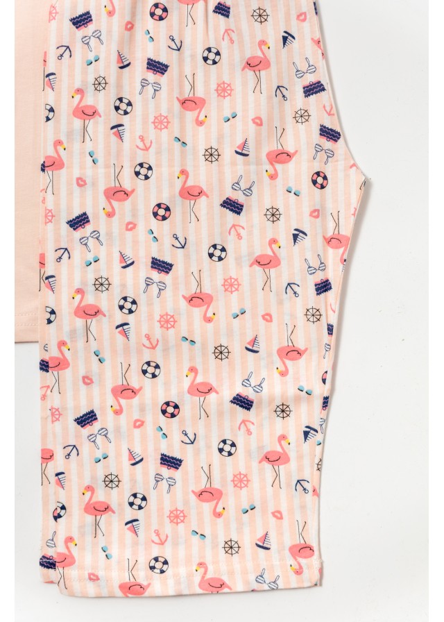 Παιδική βαμβακερή κοντομάνικη πιτζάμα με βερμούδα flamingo σε σομόν χρώμα