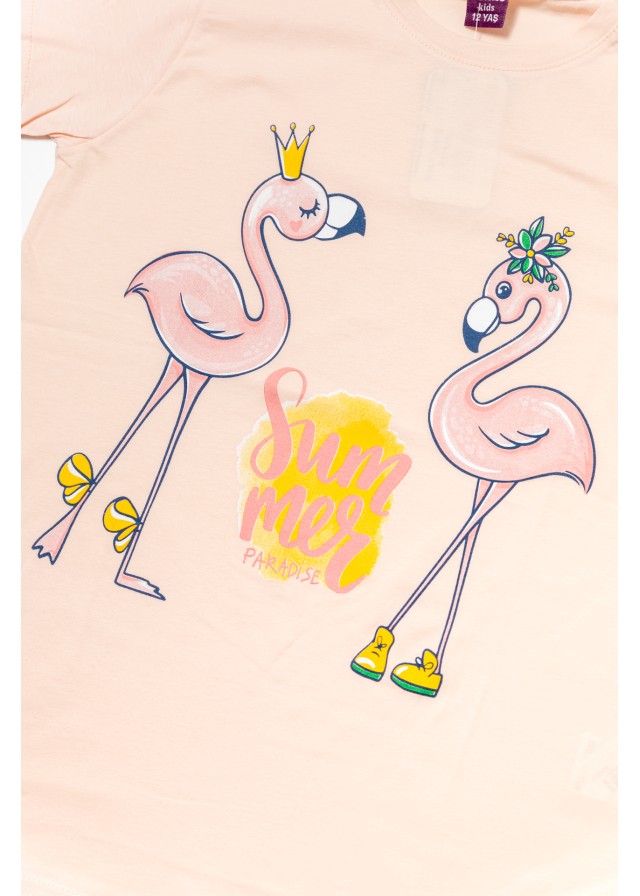 Παιδική βαμβακερή κοντομάνικη πιτζάμα με βερμούδα flamingo σε σομόν χρώμα