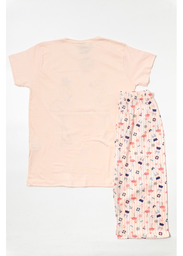 Παιδική βαμβακερή κοντομάνικη πιτζάμα με βερμούδα flamingo σε σομόν χρώμα