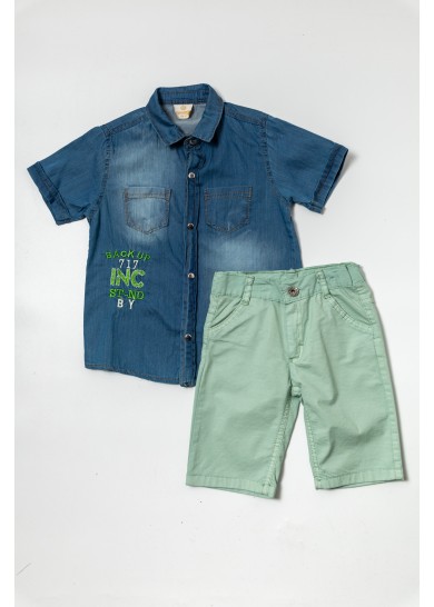 Παιδικό σετ με κοντομάνικο τζίν πουκάμισο και βεραμάν υφασμάτινη βερμούδα