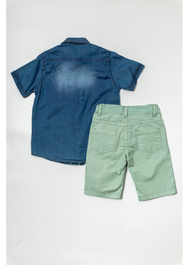 Παιδικό σετ με κοντομάνικο τζίν πουκάμισο και βεραμάν υφασμάτινη βερμούδα