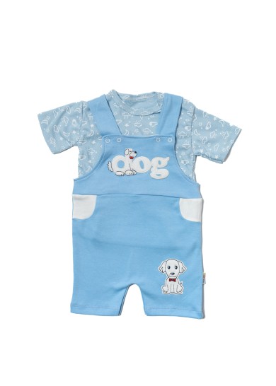 Βρεφική βαμβακερή σαλοπέτα μαζί με κοντομάνικο μπλουζάκι σε γαλάζιο χρώμα