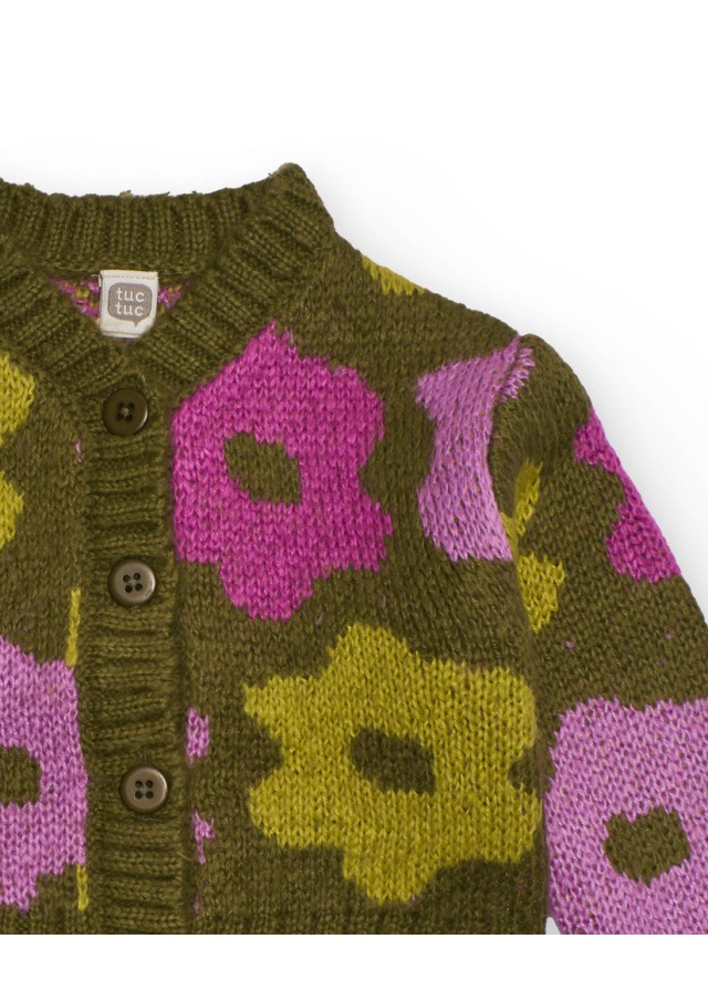 Παιδική πλεκτή ζακέτα Tuc Tuc με λουλούδια σε λαδί χρώμα