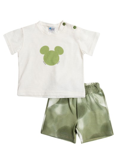 Βρεφικό καλοκαιρινό σετ για αγόρι με σορτς και πράσινες λεπτομέρειες σε λευκό χρώμα