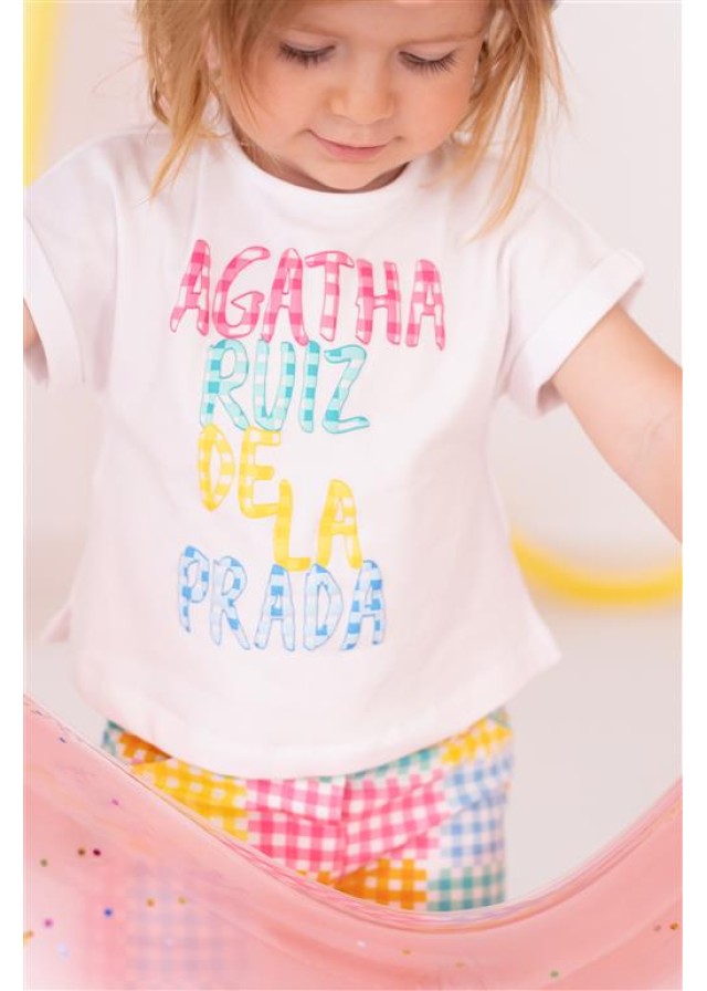 Agatha Ruiz De La Prada παιδικό σετ με καρό σορτς σε λευκό χρώμα Agatha Ruiz De La Prada παιδικό σετ με καρό σορτς σε λευκό χρώμα