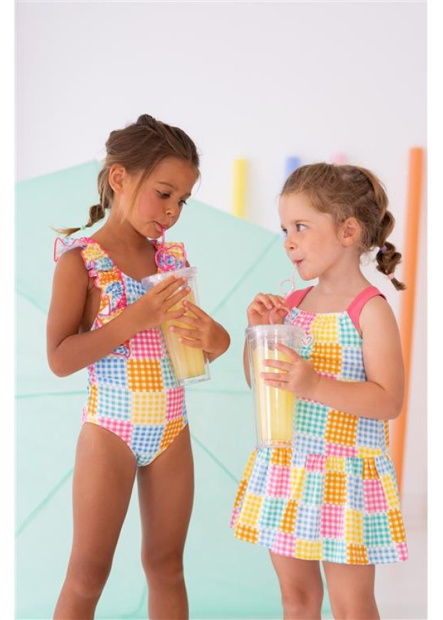 Agatha Ruiz De La Prada παιδικό καρό ολόσωμο μαγιό για κορίτσι με βολάν