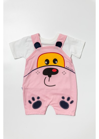 Bρεφική βαμβακερή σαλοπέτα cute puppy σε ρόζ χρώμα μαζί με λευκό κοντομάνικο μπλουζάκι