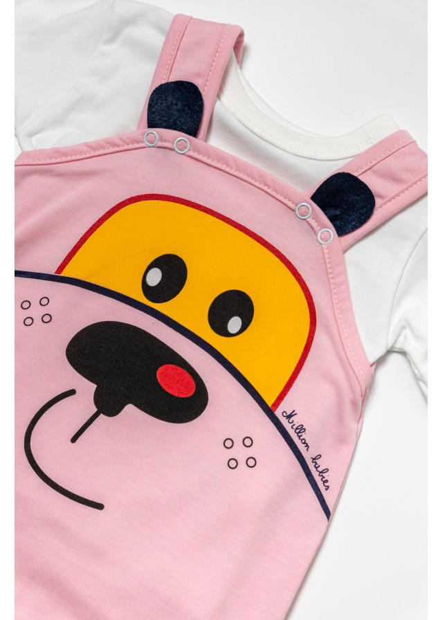 Bρεφική βαμβακερή σαλοπέτα cute puppy σε ρόζ χρώμα μαζί με λευκό κοντομάνικο μπλουζάκι