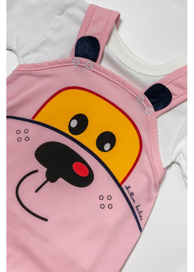 Bρεφική βαμβακερή σαλοπέτα cute puppy σε ρόζ χρώμα μαζί με λευκό κοντομάνικο μπλουζάκι