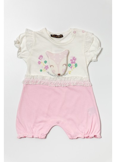 Βρεφικό βαμβακερό ολόσωμο φορμάκι με δανδελίτσα & σχέδιο ελαφάκι σε ρόζ με λευκό χρώμα
