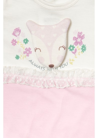 Βρεφικό βαμβακερό ολόσωμο φορμάκι με δανδελίτσα & σχέδιο ελαφάκι σε ρόζ με λευκό χρώμα