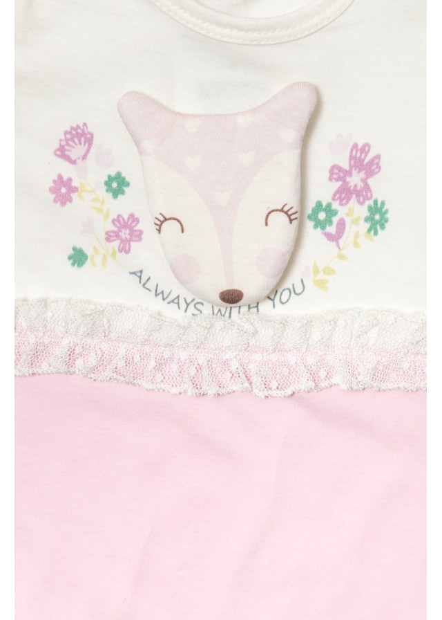 Βρεφικό βαμβακερό ολόσωμο φορμάκι με δανδελίτσα & σχέδιο ελαφάκι σε ρόζ με λευκό χρώμα