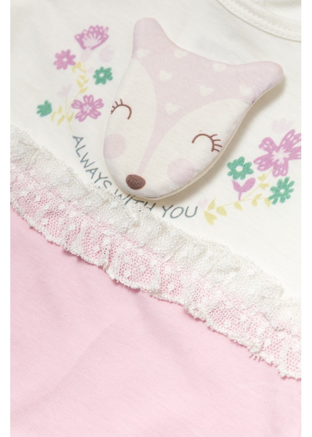 Βρεφικό βαμβακερό ολόσωμο φορμάκι με δανδελίτσα & σχέδιο ελαφάκι σε ρόζ με λευκό χρώμα