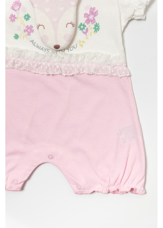 Βρεφικό βαμβακερό ολόσωμο φορμάκι με δανδελίτσα & σχέδιο ελαφάκι σε ρόζ με λευκό χρώμα