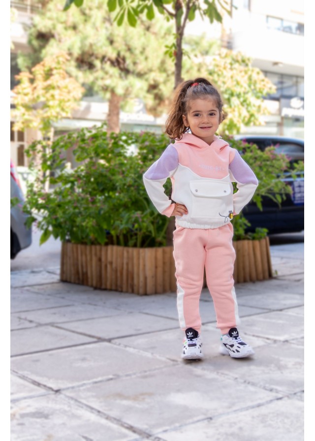 Παιδική βαμβακερή φόρμα με κουκούλα και τσέπη σε ρόζ χρώμα